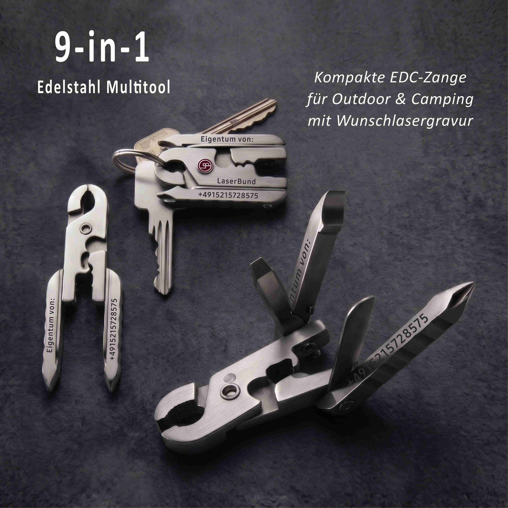 Personalisierter Multitool-Schlüsselanhänger – 9-in-1 Edelstahl EDC Werkzeug mit Gravur
