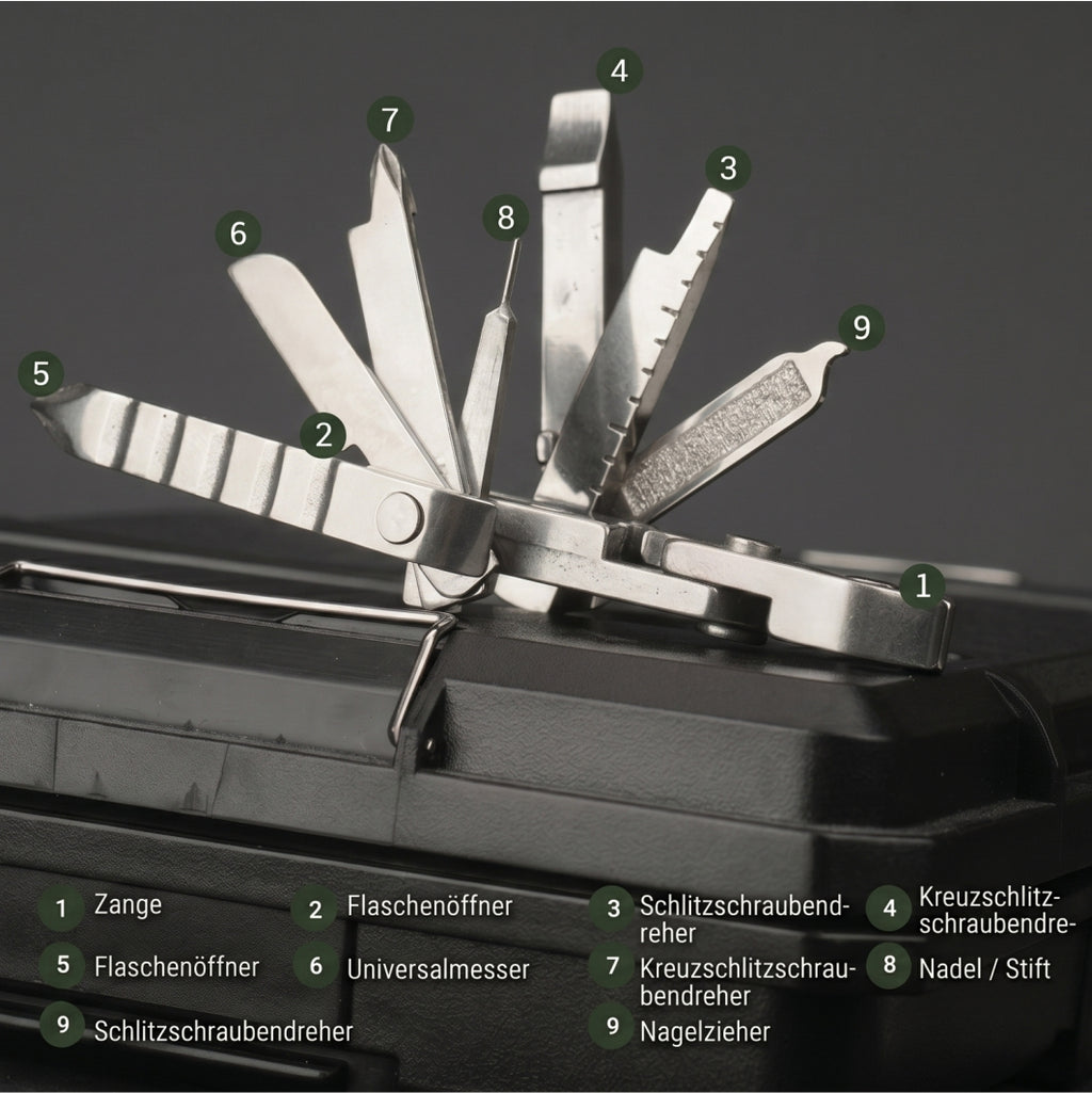 9-in-1 Edelstahl Multitool-Schlüsselanhänger – Kompaktes EDC Werkzeug für Camping & Outdoor – Silber