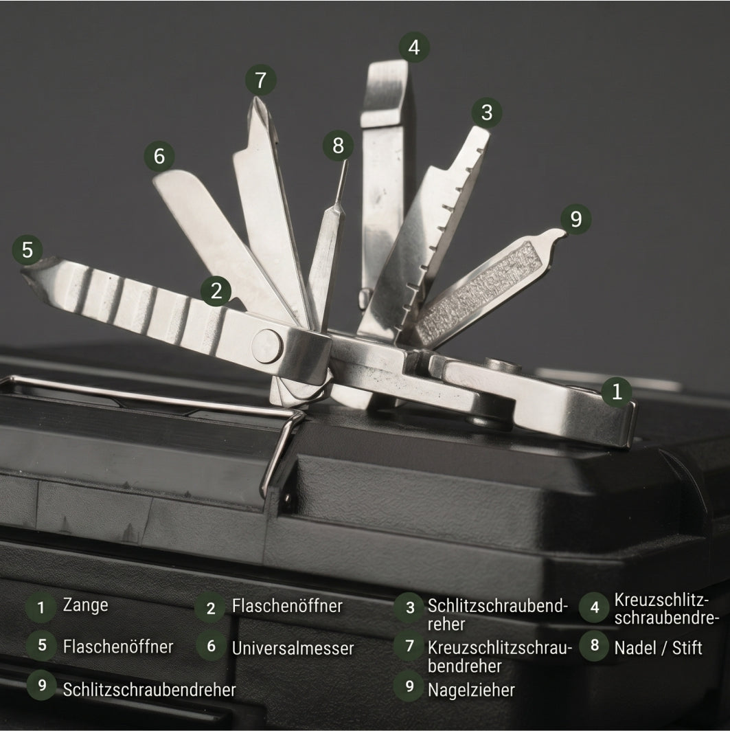 9-in-1 Edelstahl Multitool-Schlüsselanhänger – Kompaktes EDC Werkzeug für Camping & Outdoor – Silber