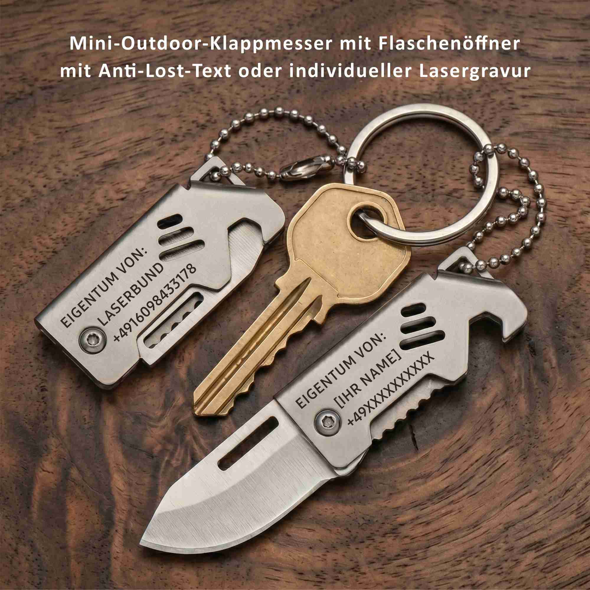 Mini-Outdoor-Klappmesser mit Flaschenöffner mit Anti-Lost-Text oder individueller Lasergravur