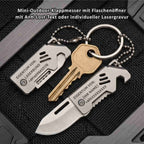 Mini-Outdoor-Klappmesser mit Flaschenöffner mit Anti-Lost-Text oder individueller Lasergravur