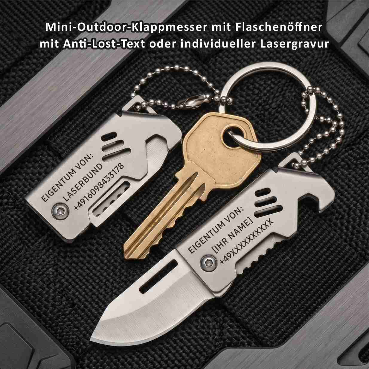 Mini-Outdoor-Klappmesser mit Flaschenöffner mit Anti-Lost-Text oder individueller Lasergravur