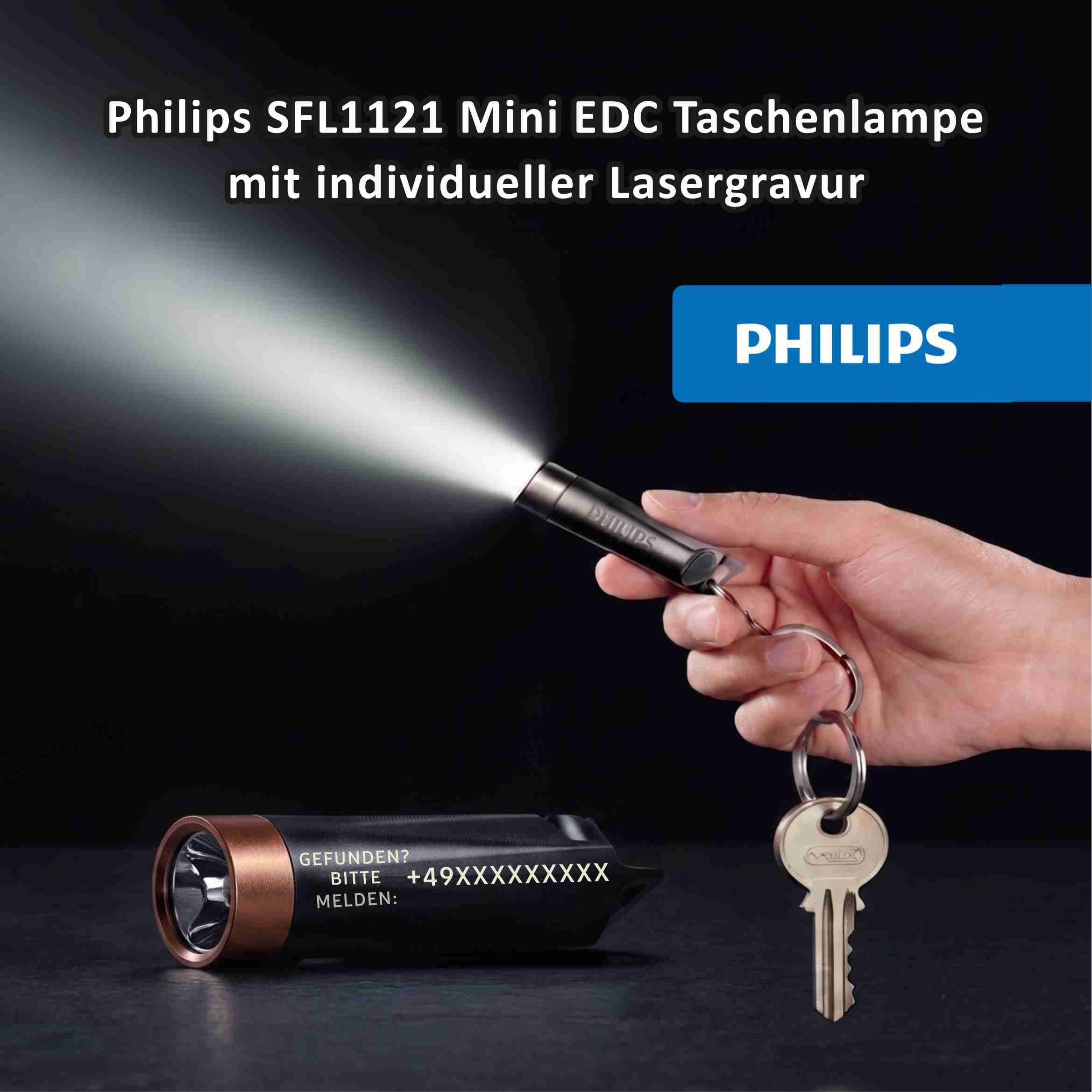 Philips SFL1121 Mini EDC Taschenlampe. Wiederaufladbar, LED, 3 Modi mit Anti-Lost-Text oder individueller Lasergravur