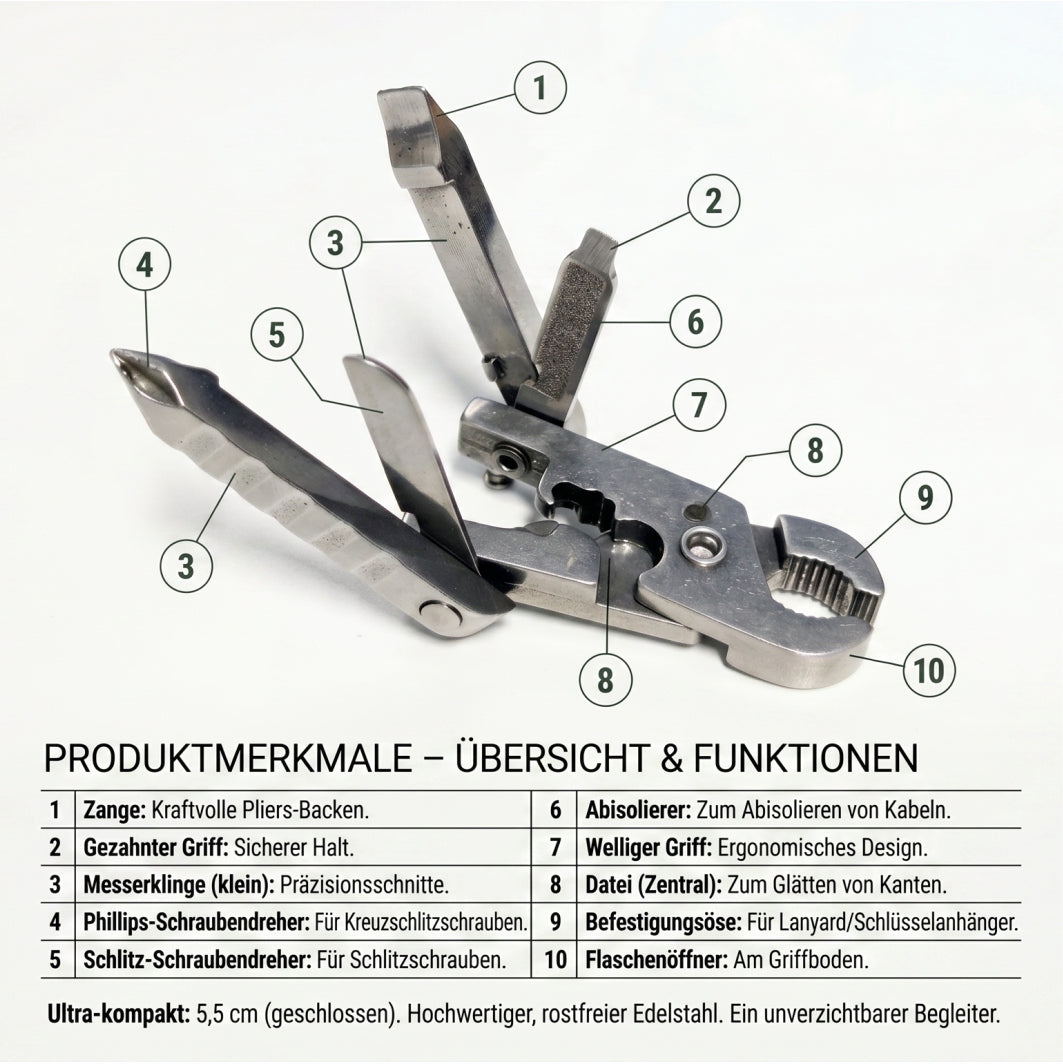 Personalisierter Multitool-Schlüsselanhänger – 9-in-1 Edelstahl EDC Werkzeug mit Gravur